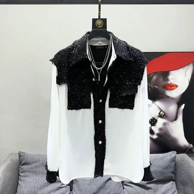 Patchwork Knitting Fur Long Sleeved Shirt