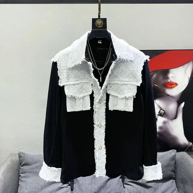 Patchwork Knitting Fur Long Sleeved Shirt