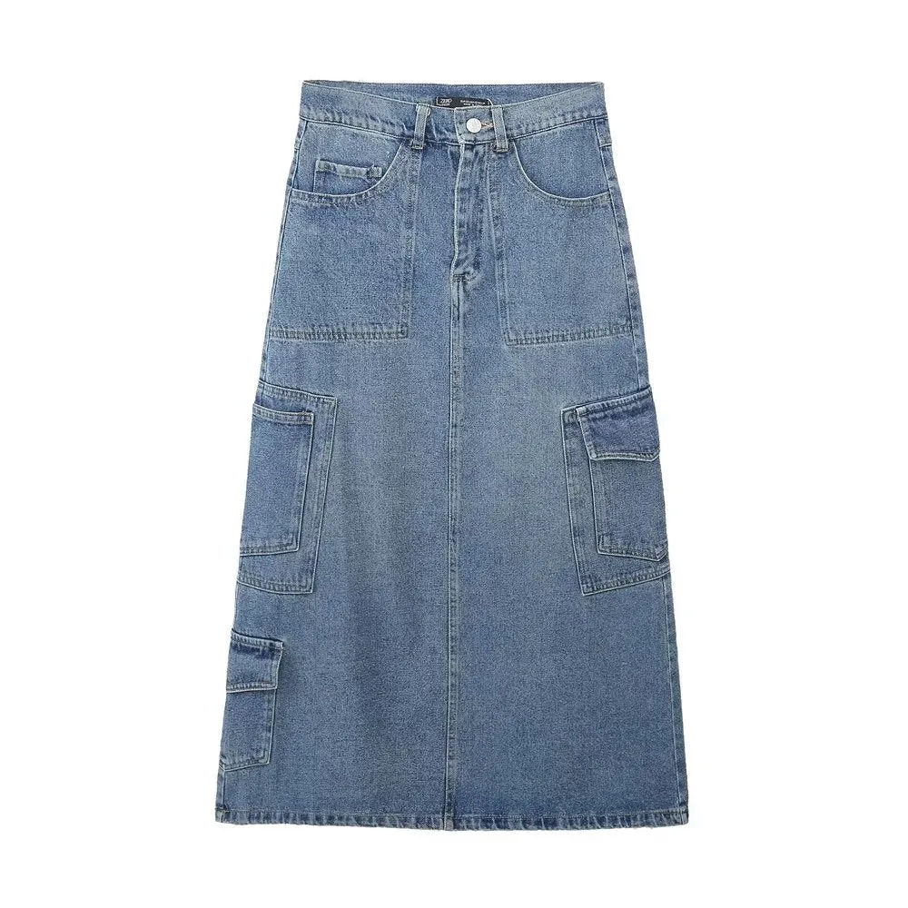 Personalized Street Skirt Spring High Waist Pocket Stitching Hem Loose Denim Skirt for Women