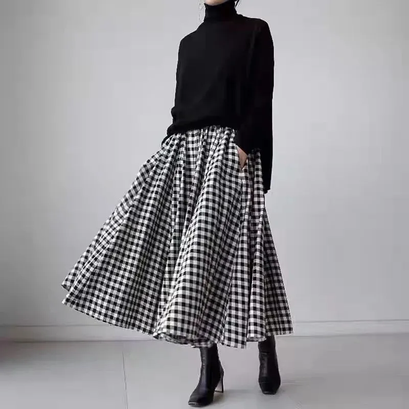 Plaid Midi Long Skirt Womens Maxi Skirt Korean Vintage Summer Pockets Deisgn High Waisted Cotton Skirts rok