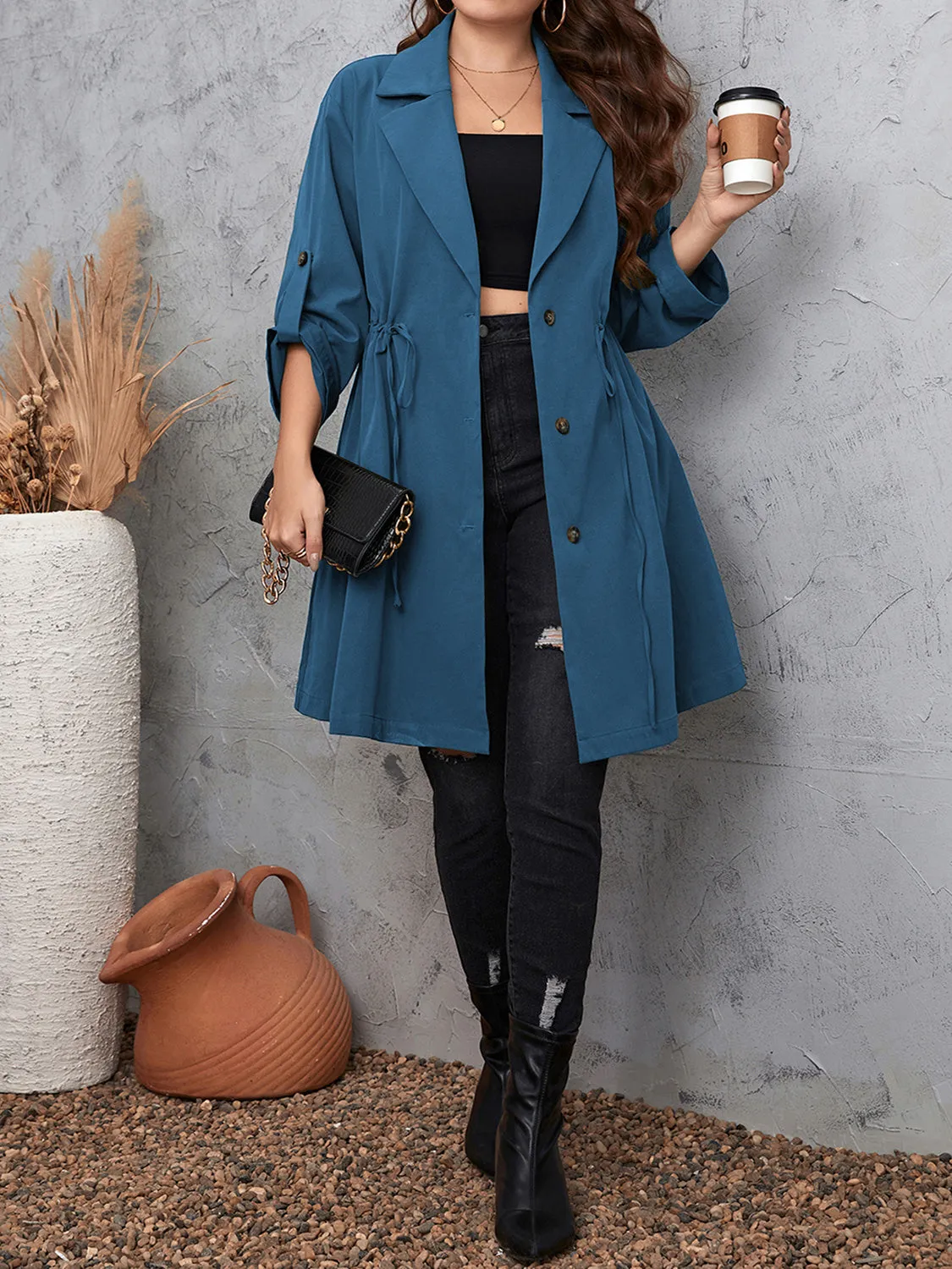 Plus Size Lapel Collar Trench Coat