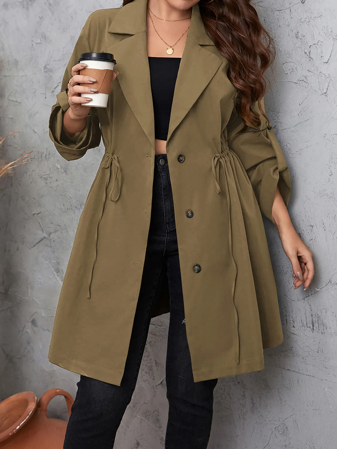 Plus Size Lapel Collar Trench Coat