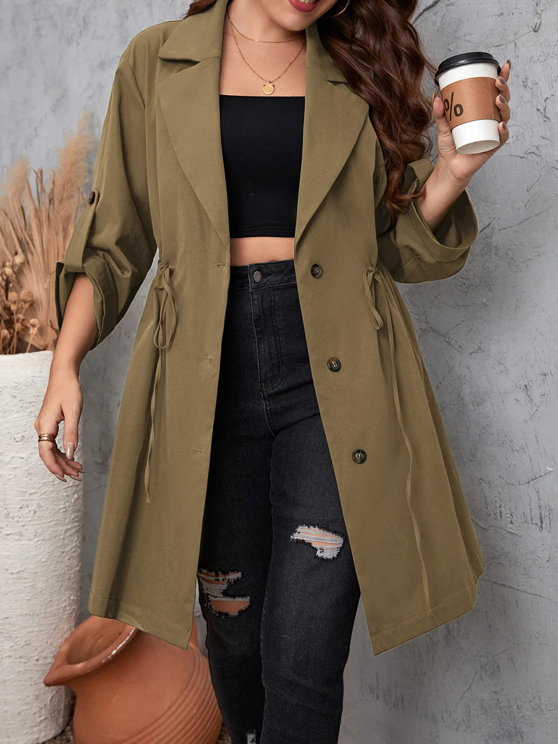 Plus Size Lapel Collar Trench Coat