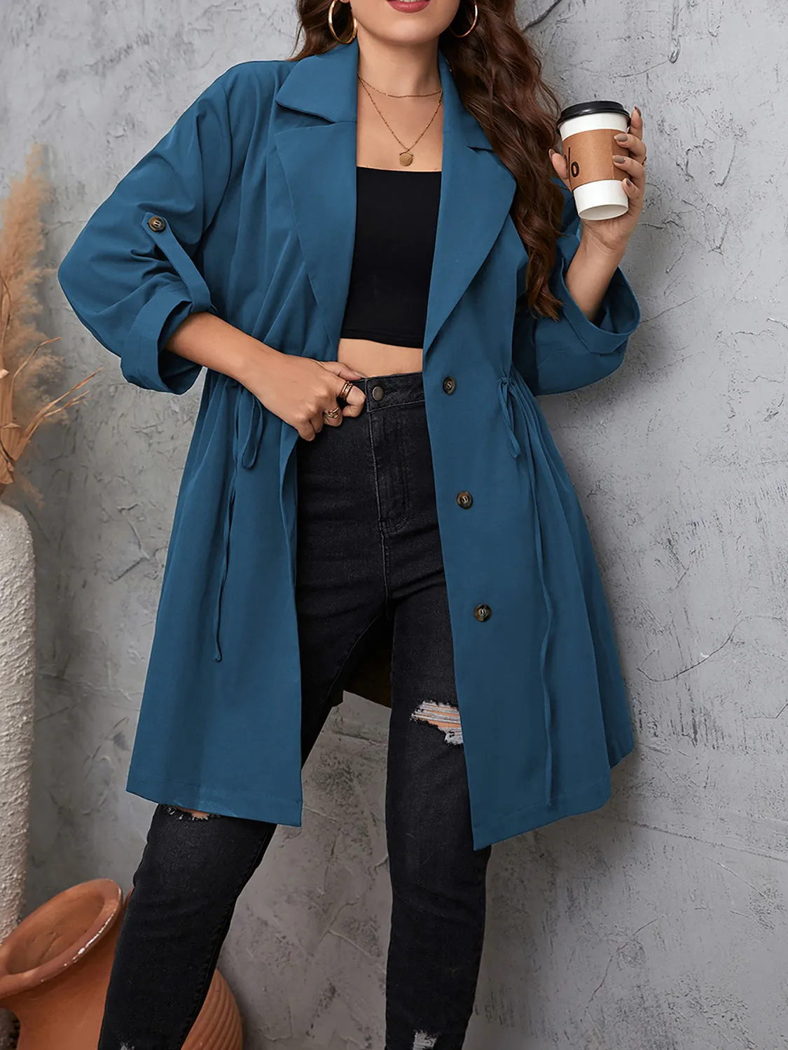 Plus Size Lapel Collar Trench Coat