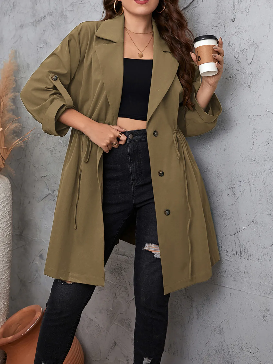 Plus Size Lapel Collar Trench Coat