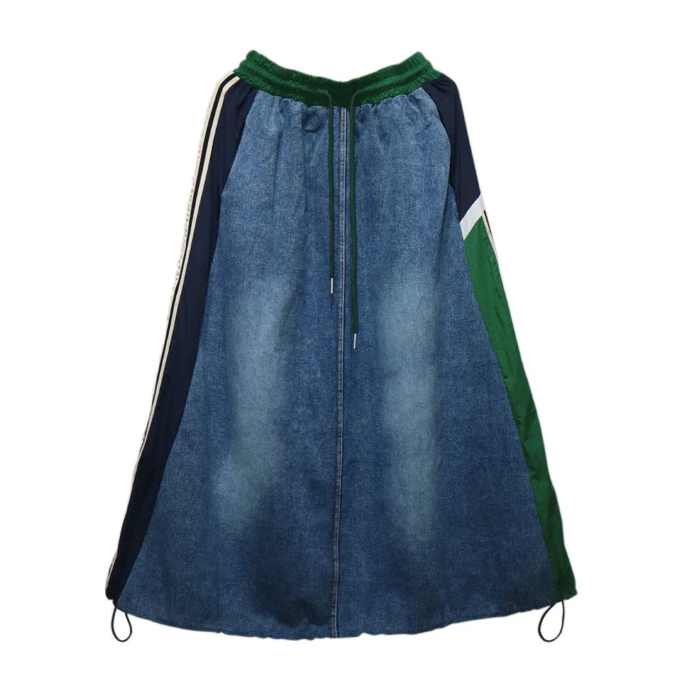 Pre Order: Contrasting Splicing Loose Casual A-Line Denim Skirt