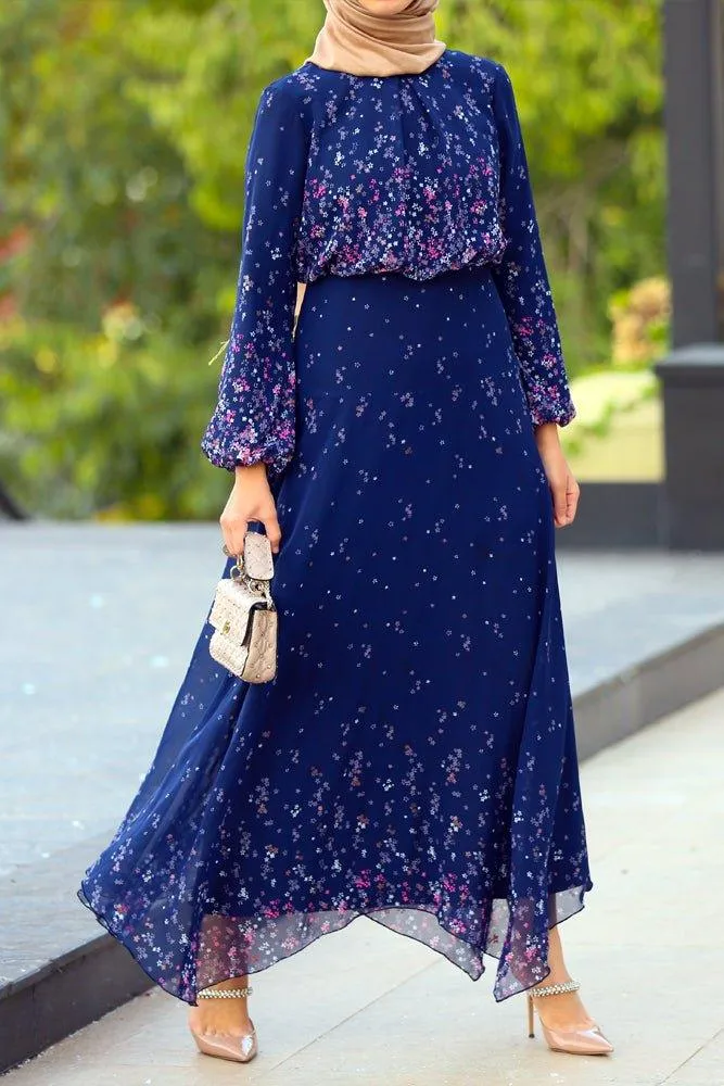 Printed modest chiffon viscose maxi dress with long sleeve and full cotton lining