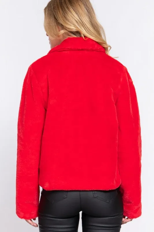 Red Long Slv Notched Collar Open Front Faux Fur Jacket