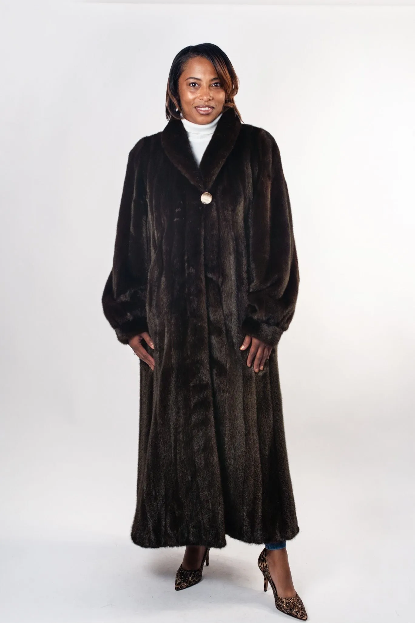 Rippe's Furs Full Length Shawl Collar Mink Fur Coat - Mahogany