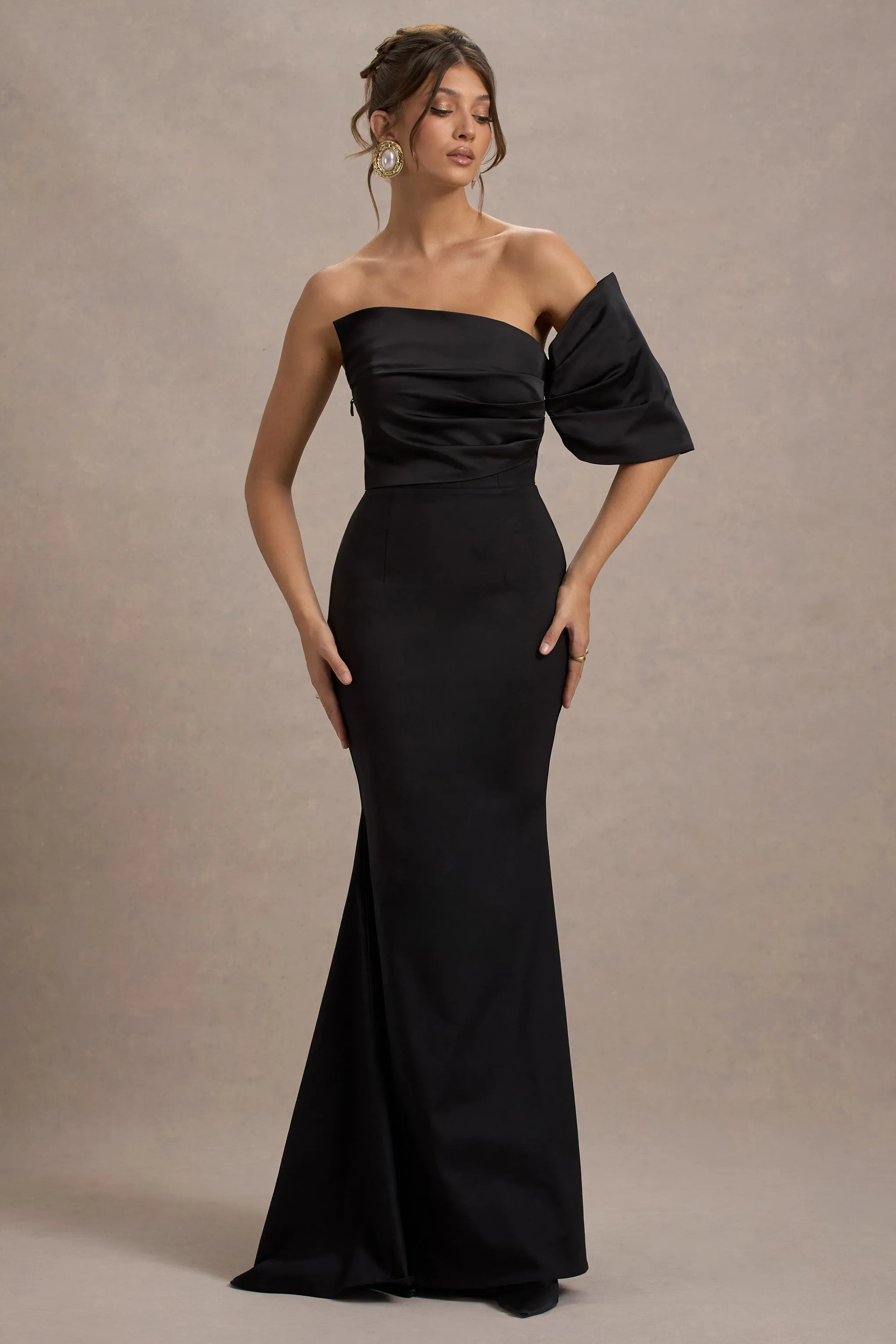 Rosora | Black Asymmetric One-Sleeve Fishtail Maxi Dress