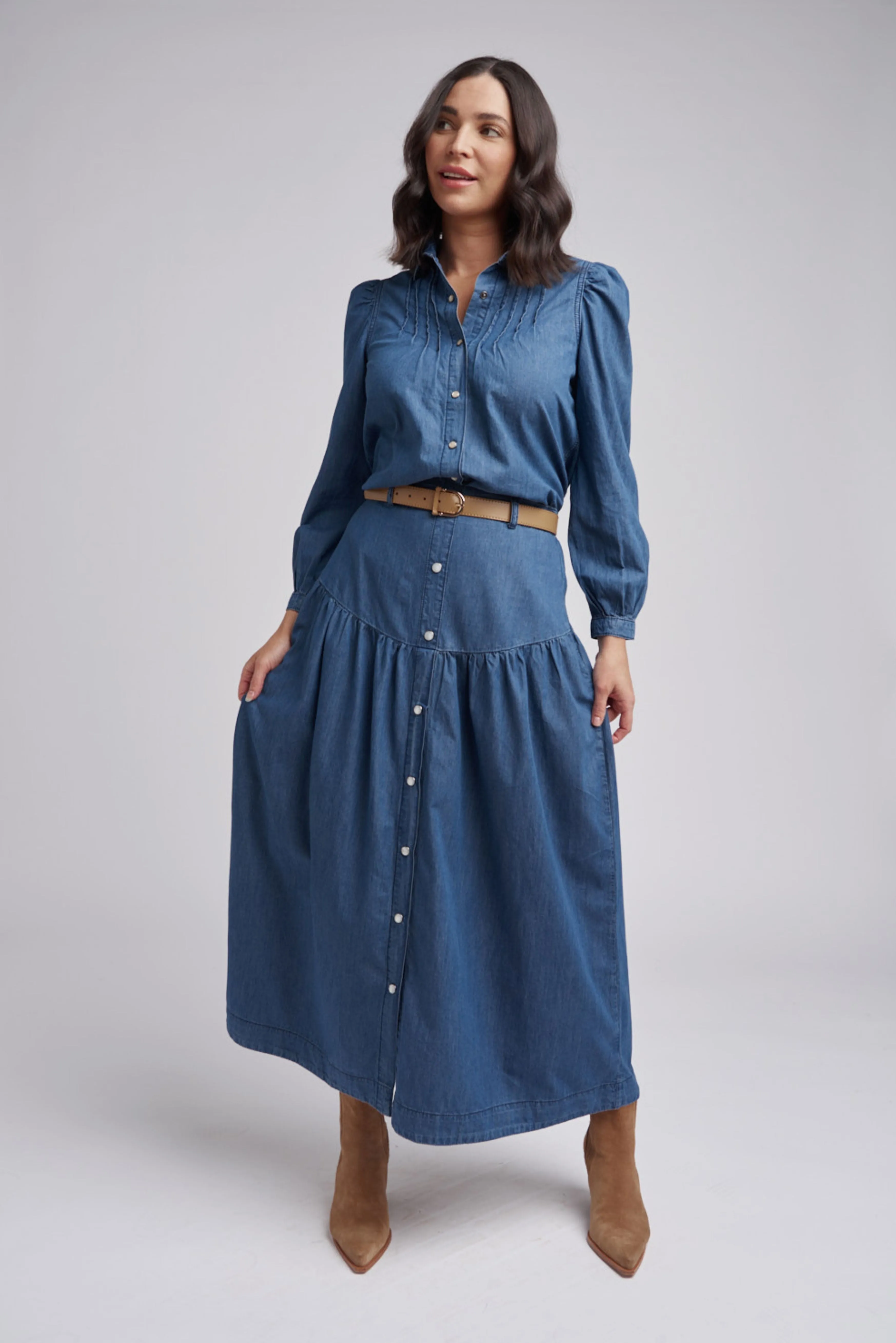 Ruffle Chambray Cotton Maxi Skirt