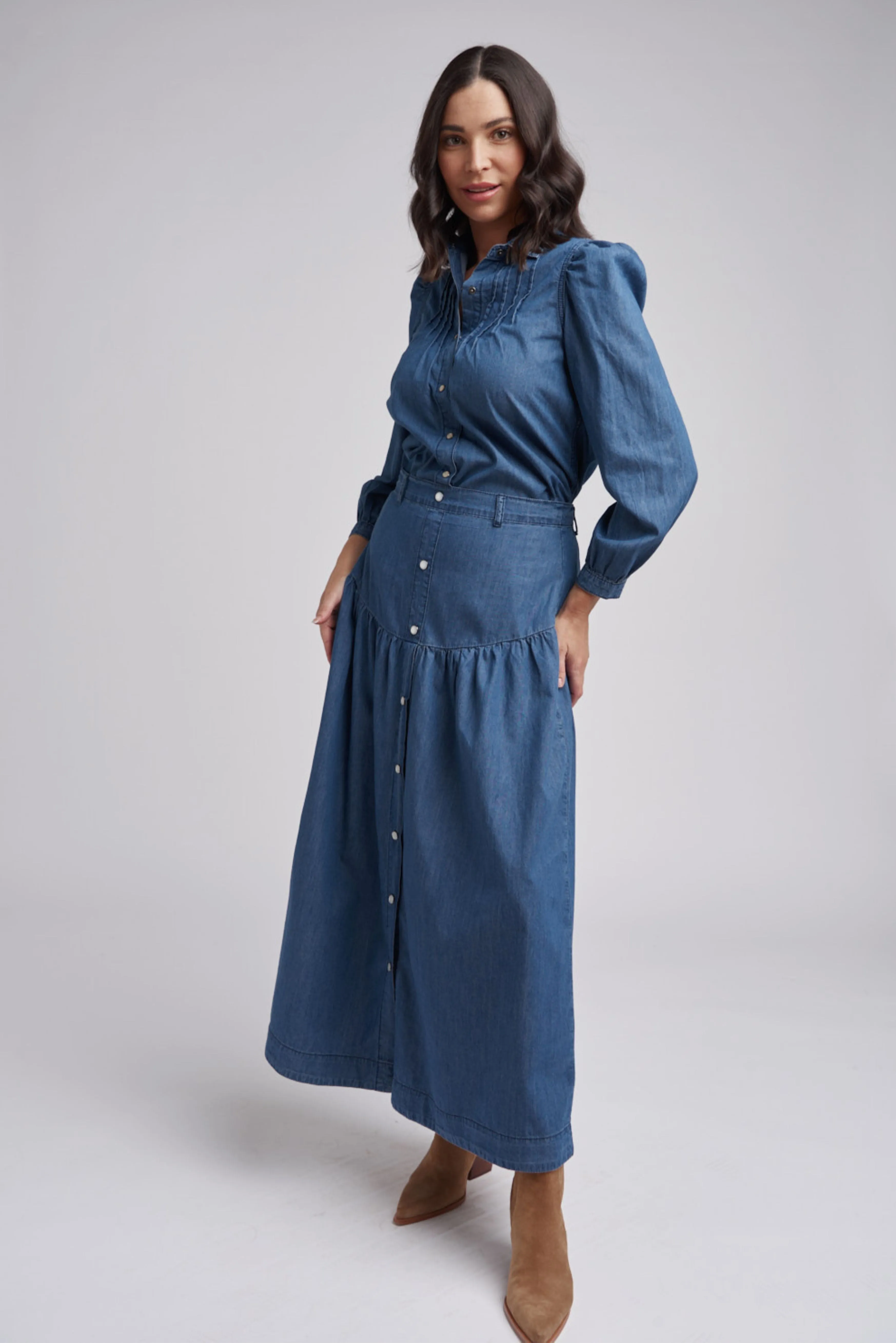 Ruffle Chambray Cotton Maxi Skirt