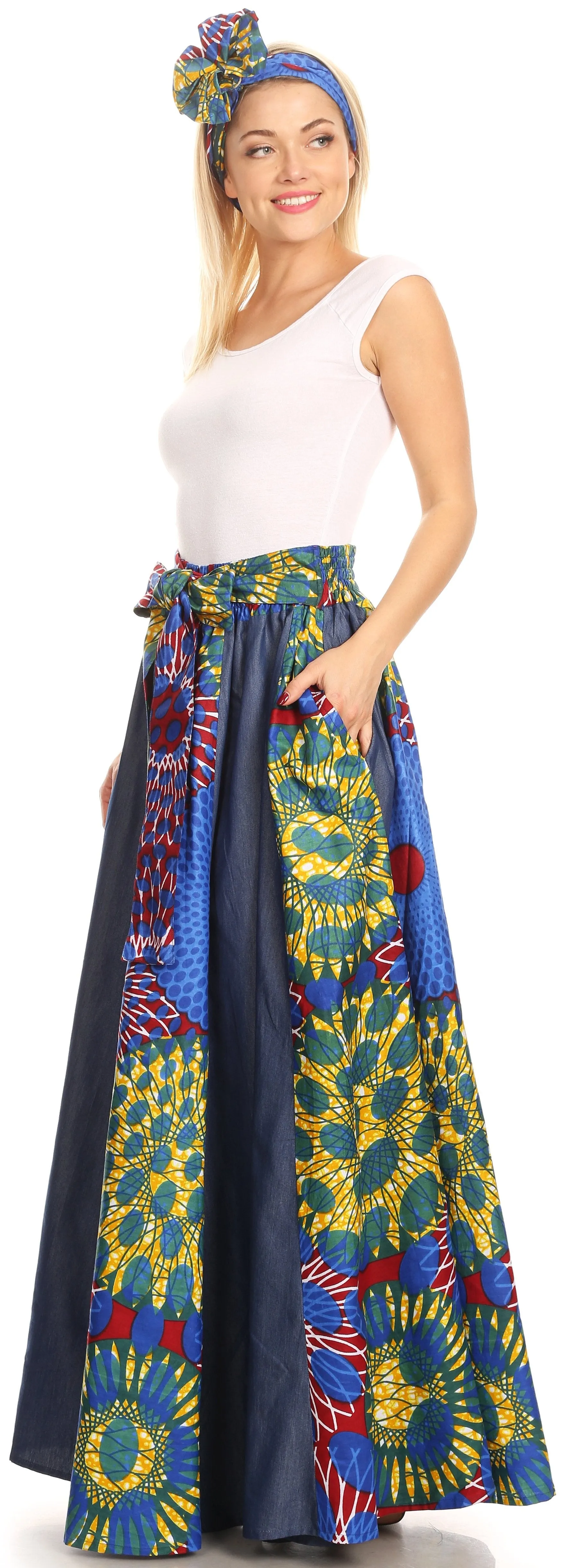 Sakkas Monifa Long Maxi Skirt Colorful Ankara Wax Dutch African Skirt Gorgeous