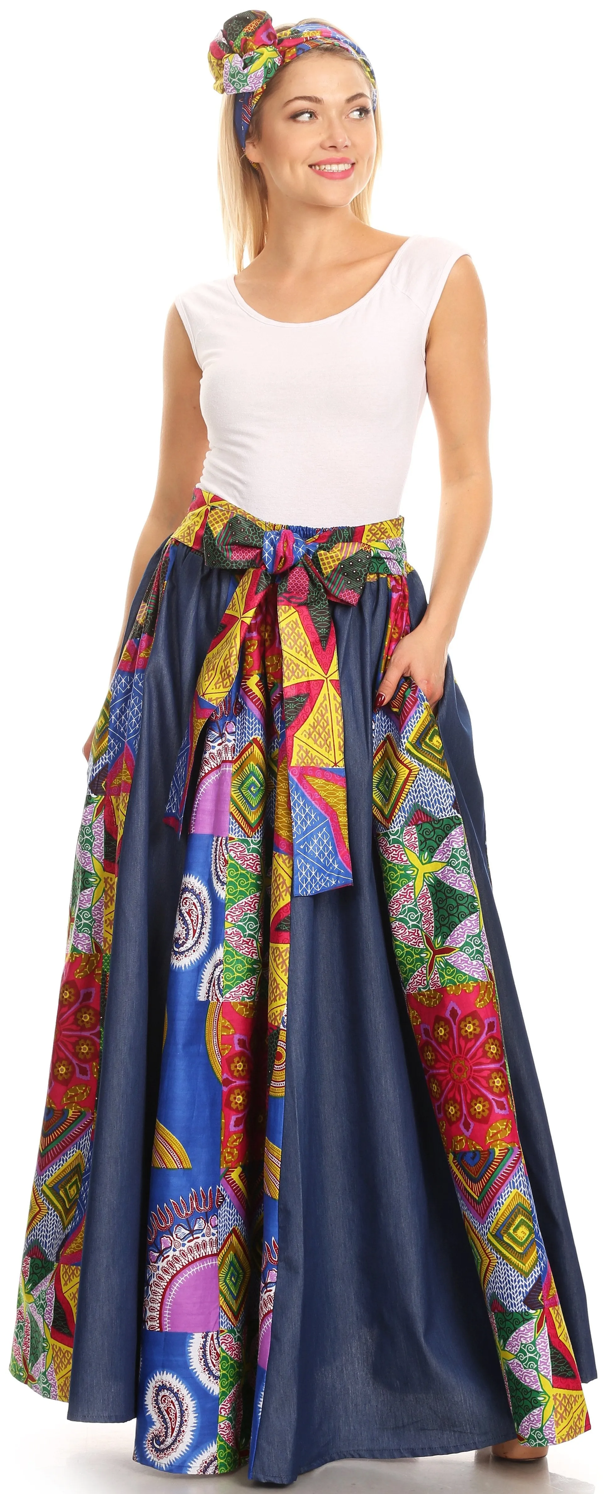 Sakkas Monifa Long Maxi Skirt Colorful Ankara Wax Dutch African Skirt Gorgeous