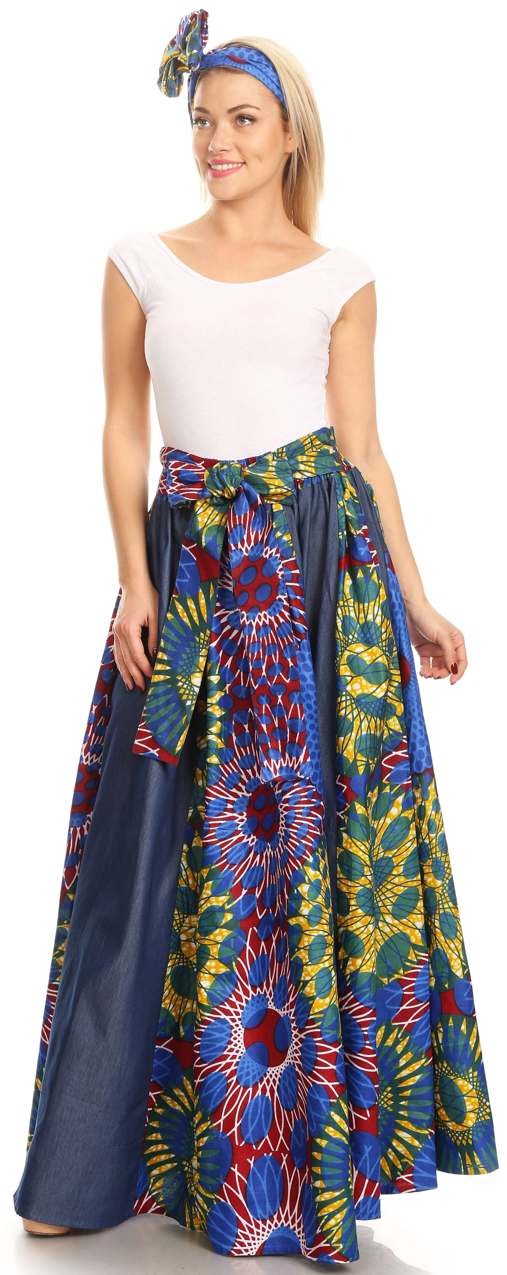 Sakkas Monifa Long Maxi Skirt Colorful Ankara Wax Dutch African Skirt Gorgeous