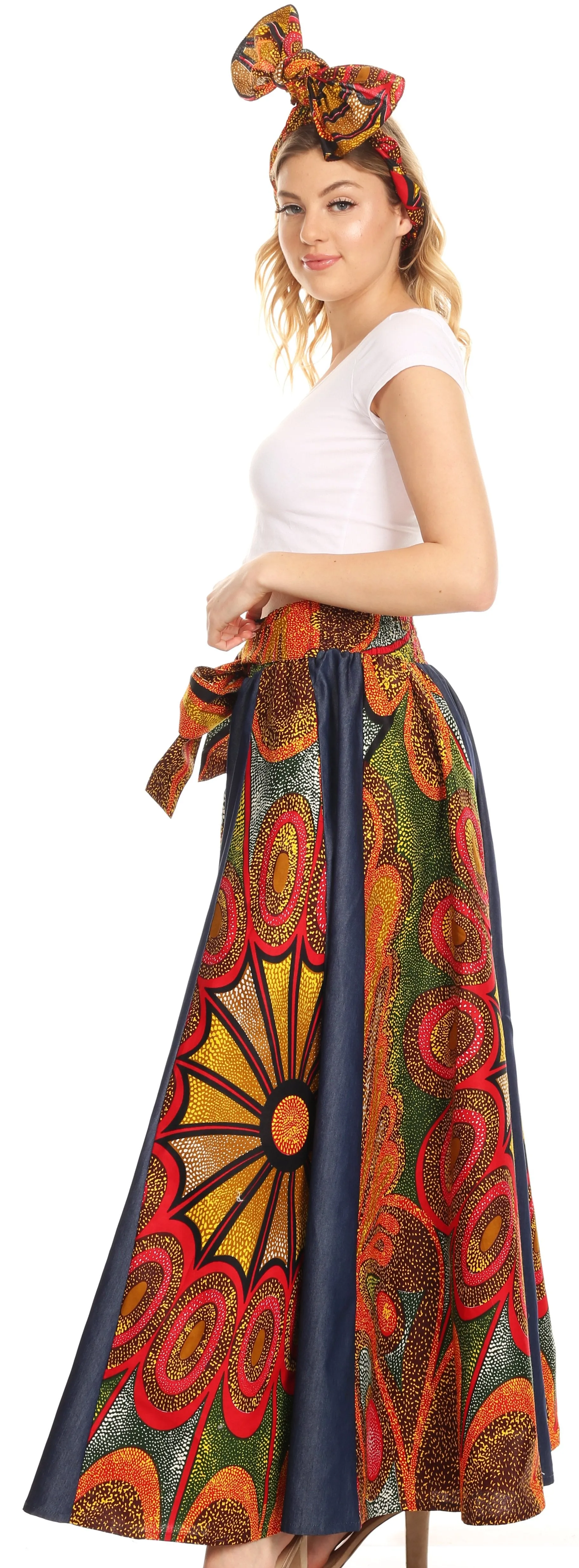 Sakkas Monifa Long Maxi Skirt Colorful Ankara Wax Dutch African Skirt Gorgeous