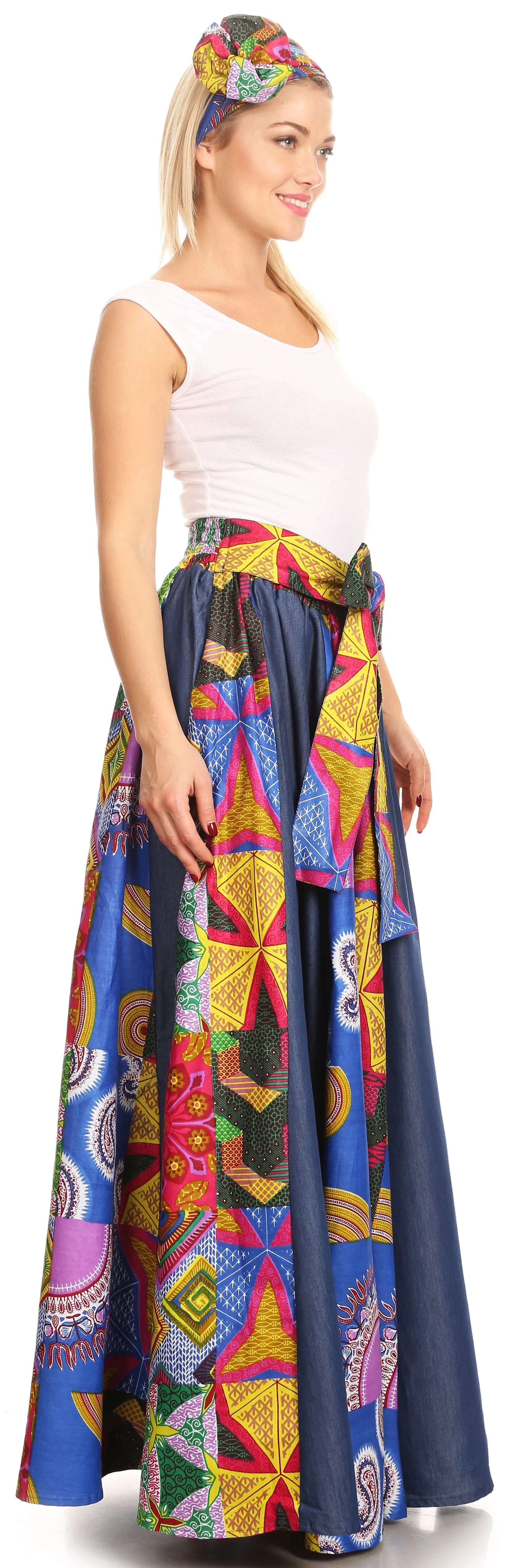 Sakkas Monifa Long Maxi Skirt Colorful Ankara Wax Dutch African Skirt Gorgeous