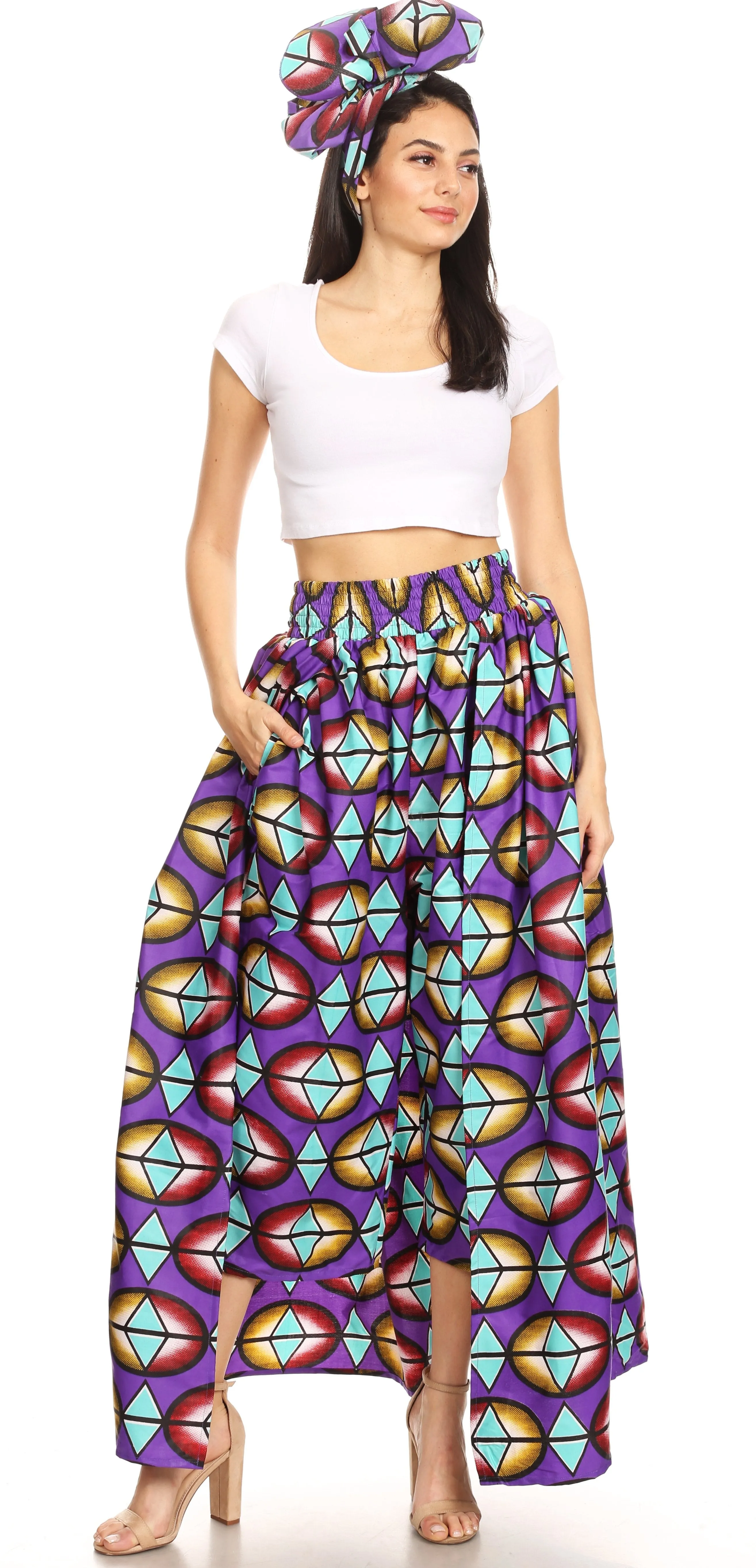 Sakkas Tasha Women's African Ankara Wax Capri Harem Pants w/Pockets & Overlay