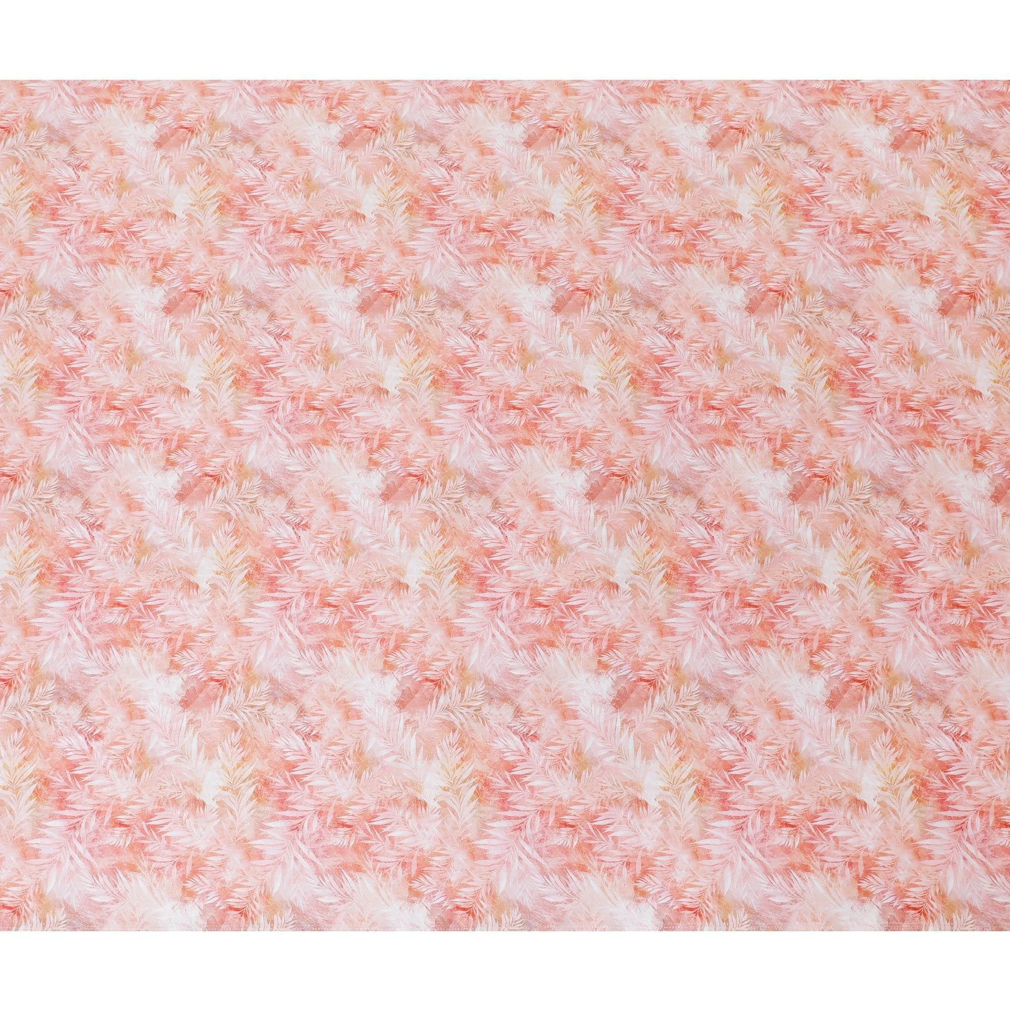 Salmon peach cotton satin fabric with off white print in Leaf design-D11913