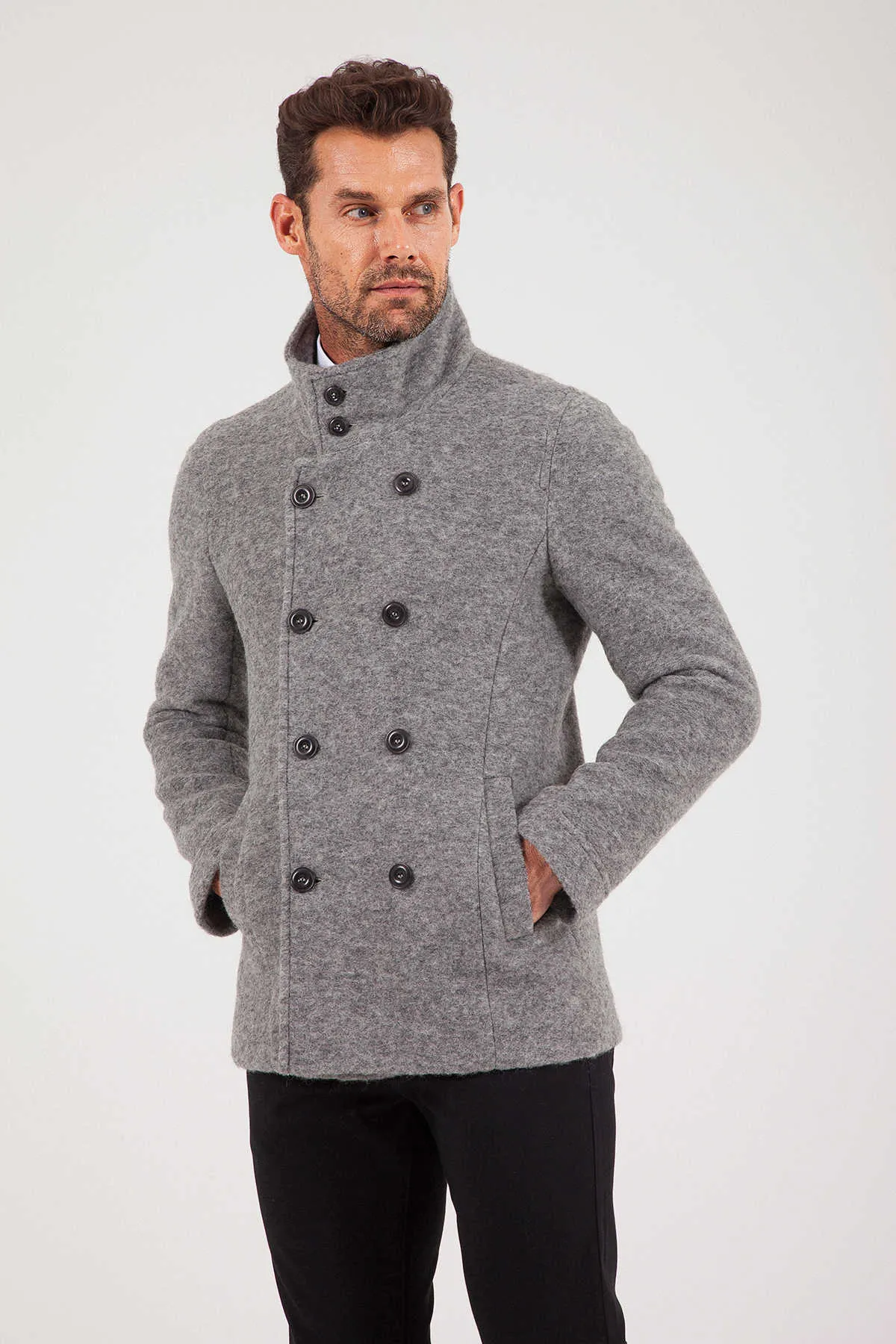 Slim Fit Notch Lapel Alpine Wool Gray Overcoat, Gray