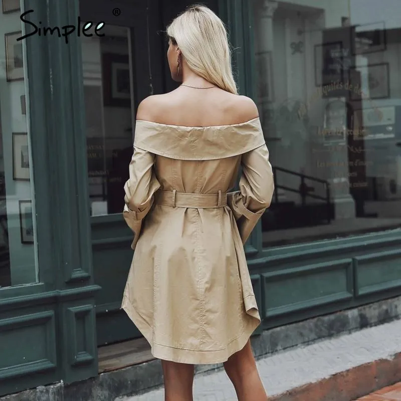 Solid Color Sexy Off Shoulder Belt Trench Coat