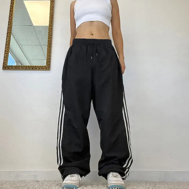 Streetwear Elastic Waist Stripe Patchwork Baggy Pants Women Sweatpants Sportswear Harajuku Casual Trousers Drawstring