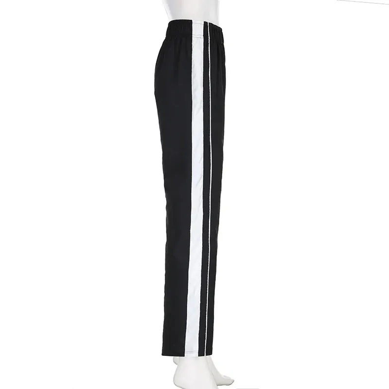 Streetwear Stripe Spliced Sporty Trousers Women Casual Baggy Sweatpants Joggers Elastic Waist Pants Harajuku Outfits