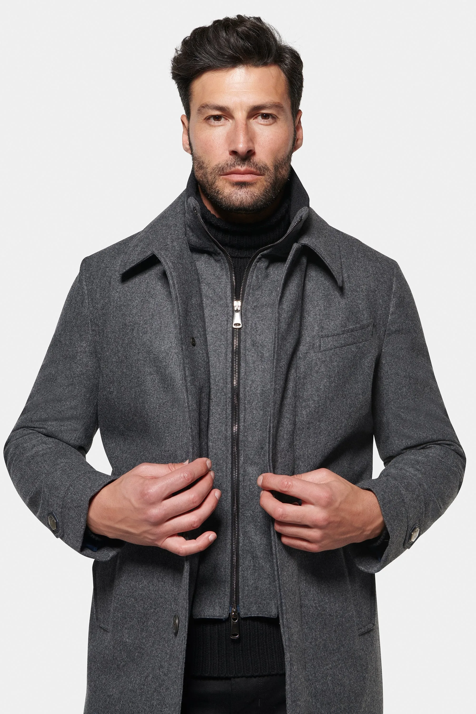 Stretch Wool Euro Coat, Charcoal Melange