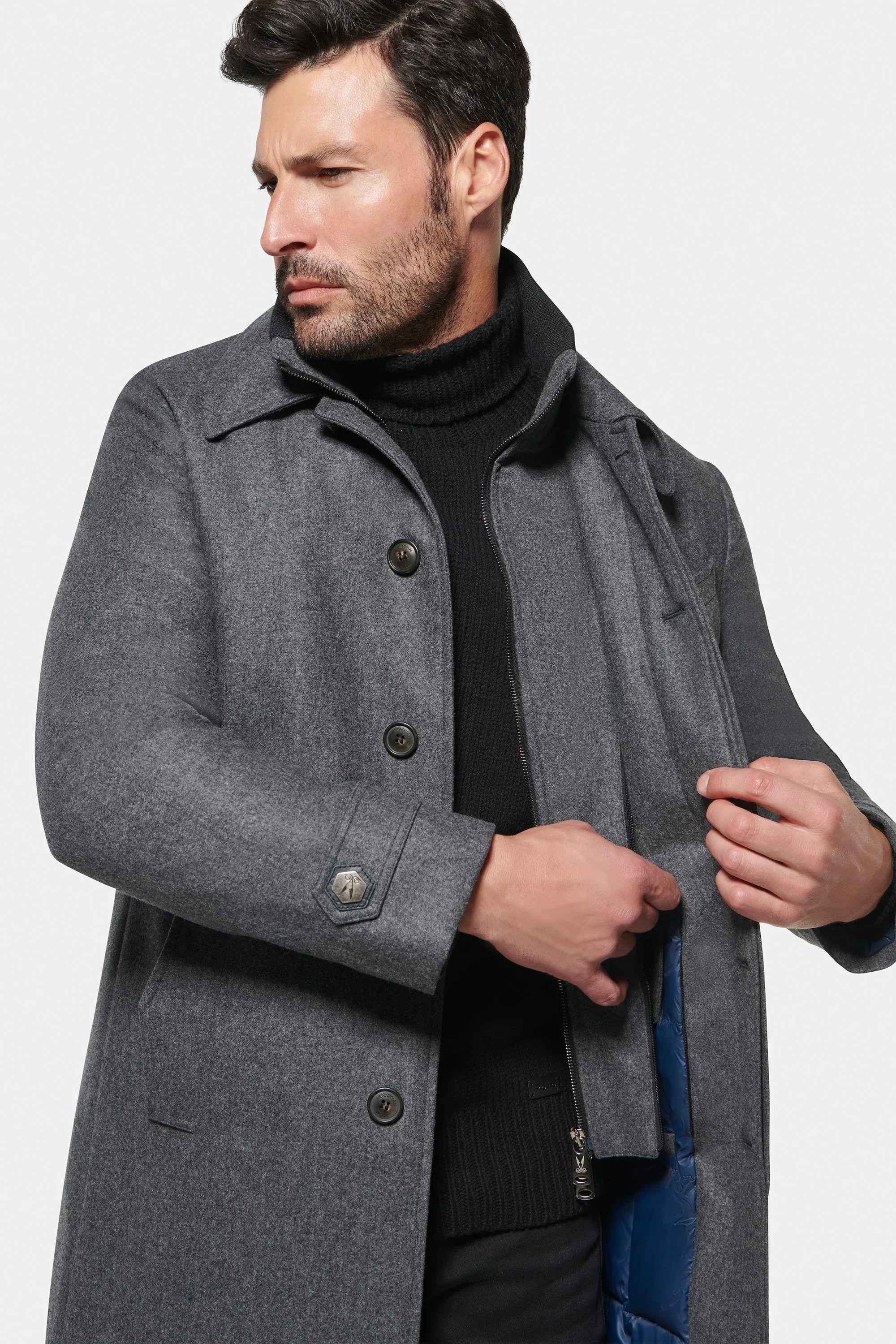 Stretch Wool Euro Coat, Charcoal Melange