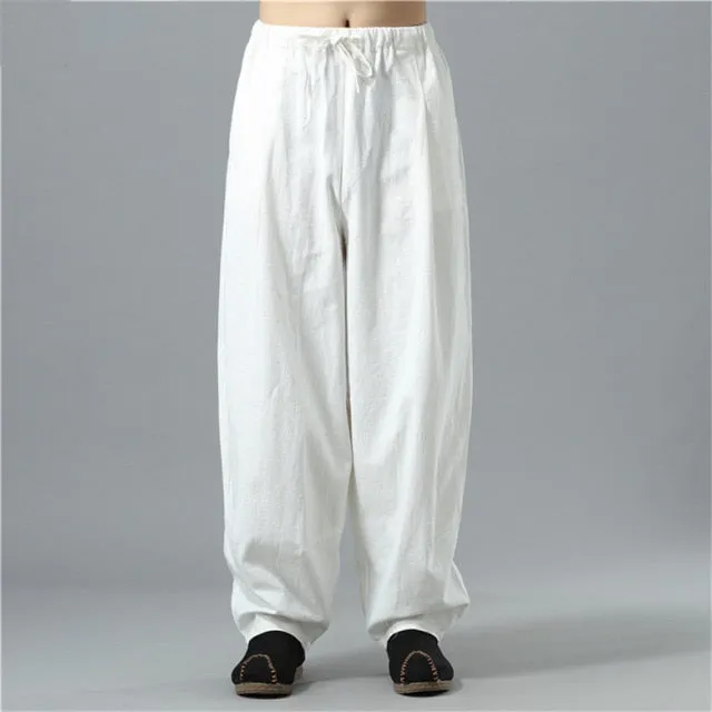 Summer Men Cotton Linen Wide Leg Pants Chinese Style Male High Street Casual Long Trousers Sweatpants Plus Size M-5XL 6XL