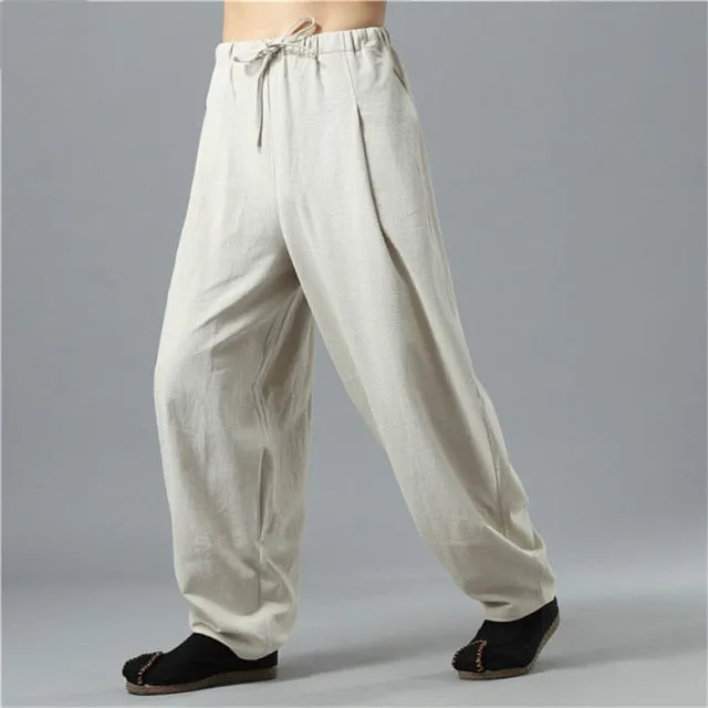 Summer Men Cotton Linen Wide Leg Pants Chinese Style Male High Street Casual Long Trousers Sweatpants Plus Size M-5XL 6XL