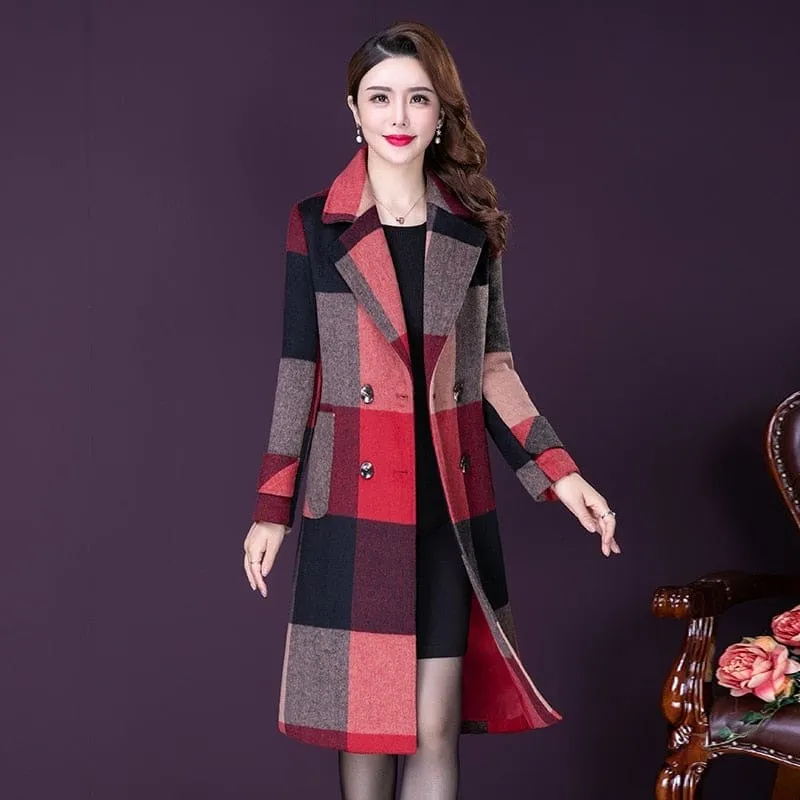 Thicken Warm Wool Blends Slim Long Tops Outerwear Plaid Overcoat