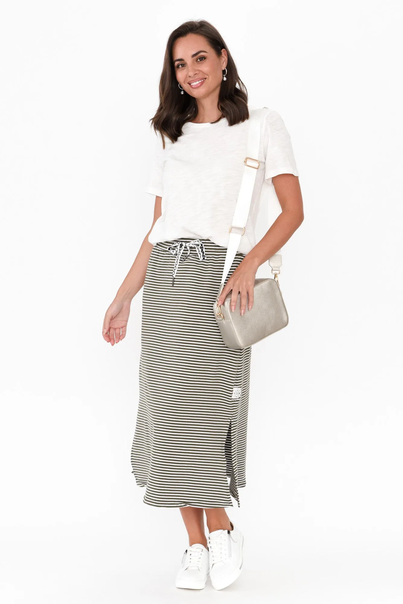 Travel Khaki Stripe Cotton Maxi Skirt