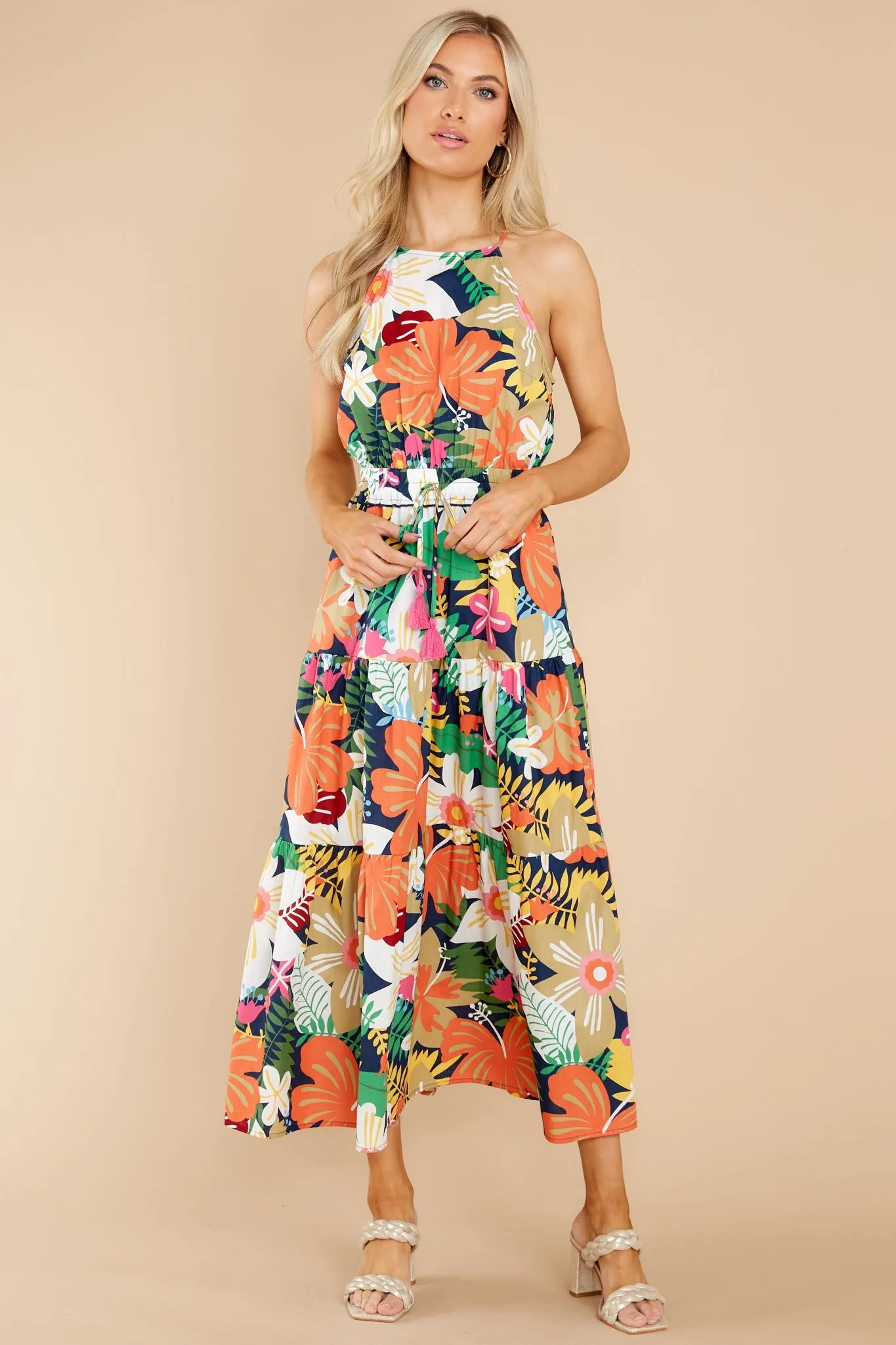 Tropical Escape Orange Multi Floral Print Maxi Dress