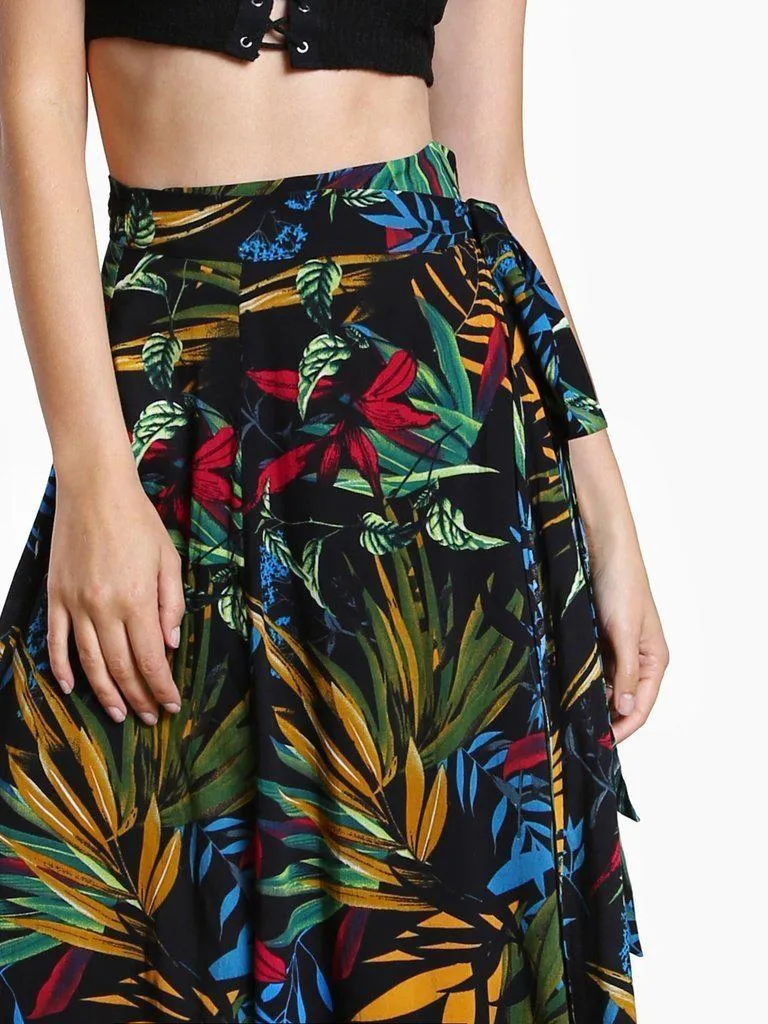 Tropical Print Self Tie Wrap Skirt