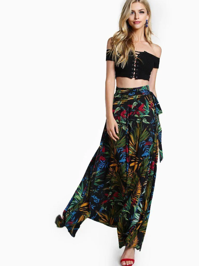 Tropical Print Self Tie Wrap Skirt