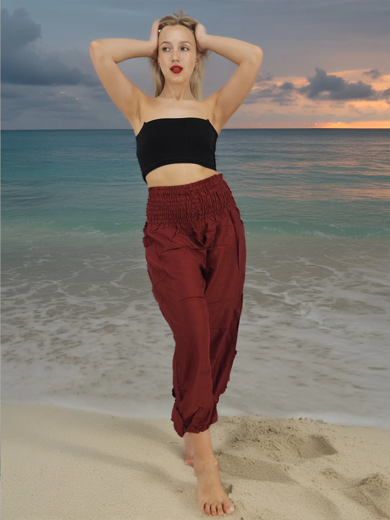 Unisex Harem Yoga Hippie Boho Pants Solid Burgandy M - L - XL