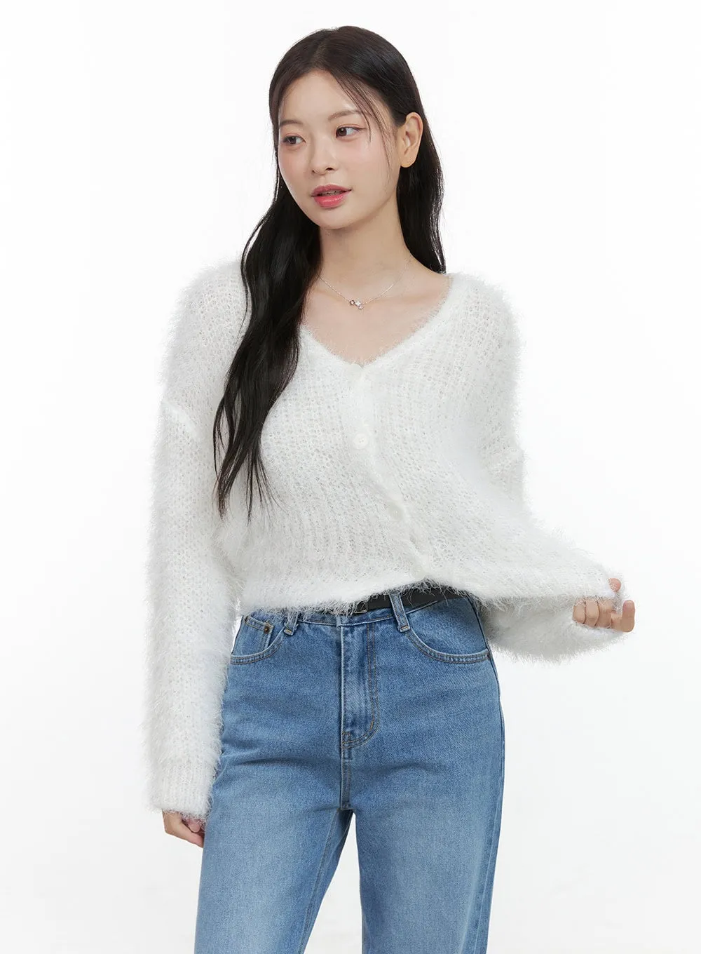 V Neck Boucle Knit Cardigan OS423