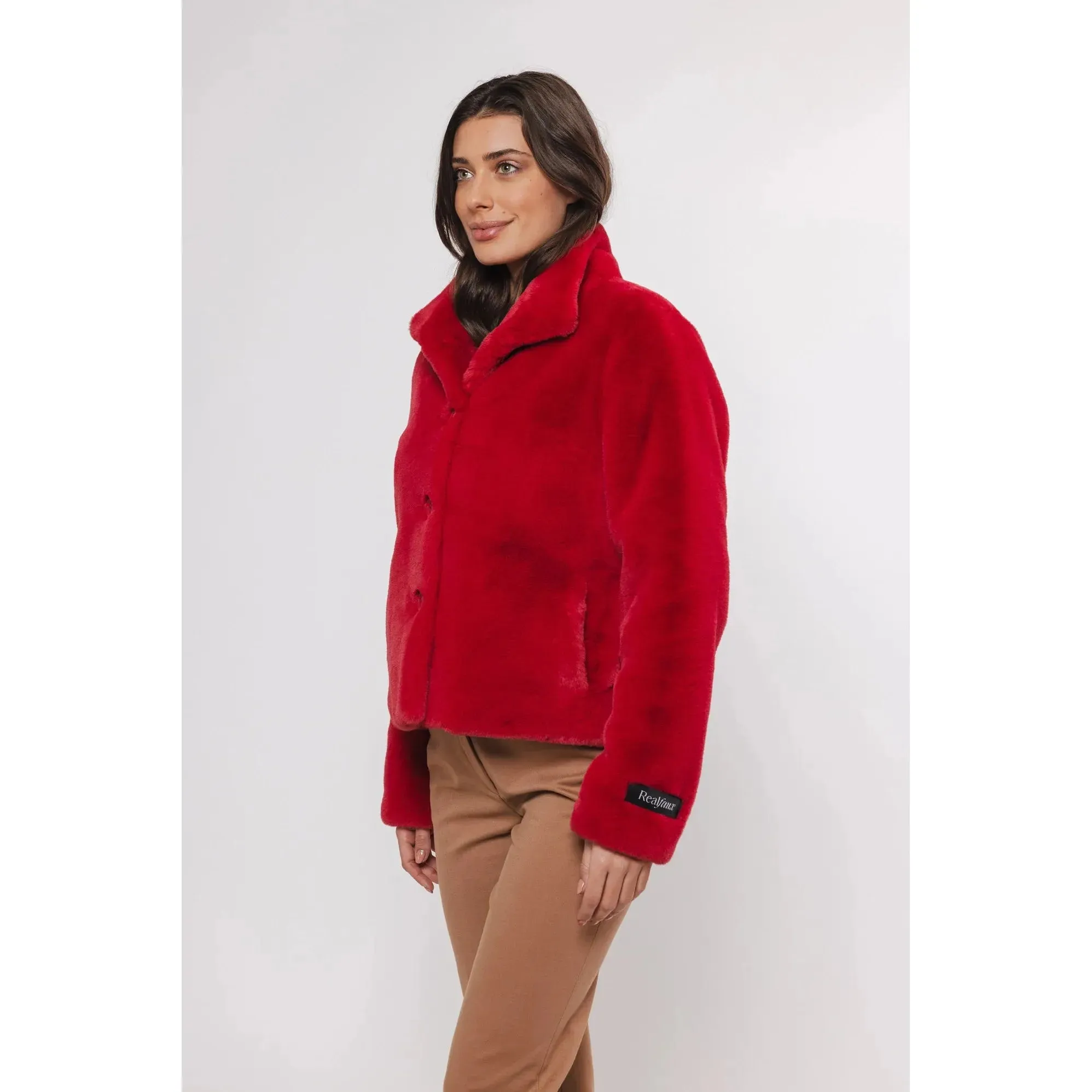 Vie Single Breasted Faux Fur Jacket Red Berry