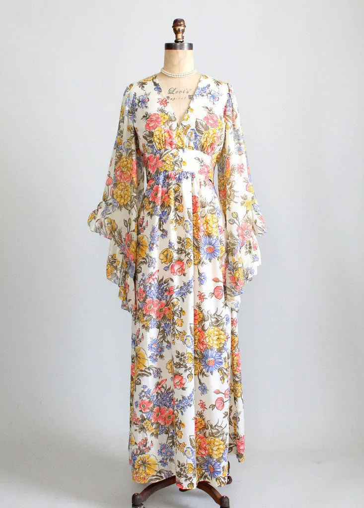 Vintage 1960s Bell Sleeve Floral Festival Maxi Dress