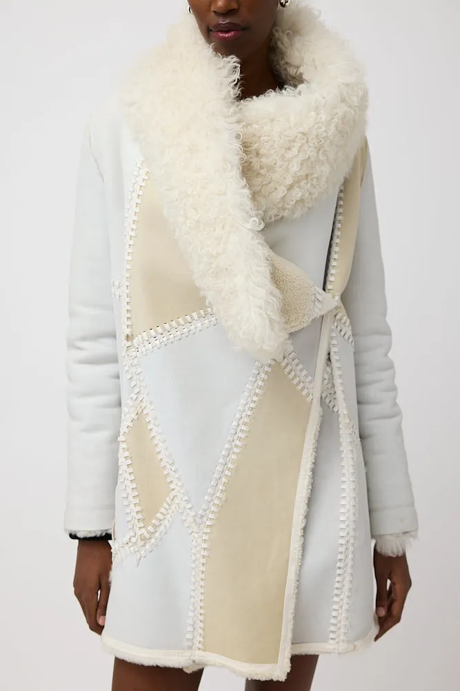 White & Cream Leather & Fur Reversible Coat