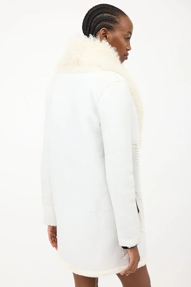 White & Cream Leather & Fur Reversible Coat