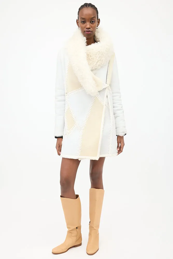 White & Cream Leather & Fur Reversible Coat