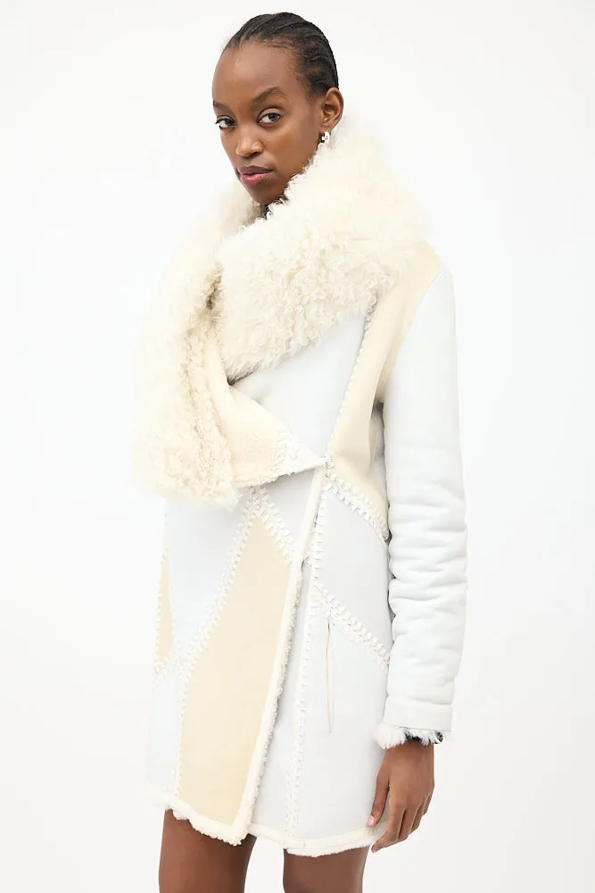 White & Cream Leather & Fur Reversible Coat