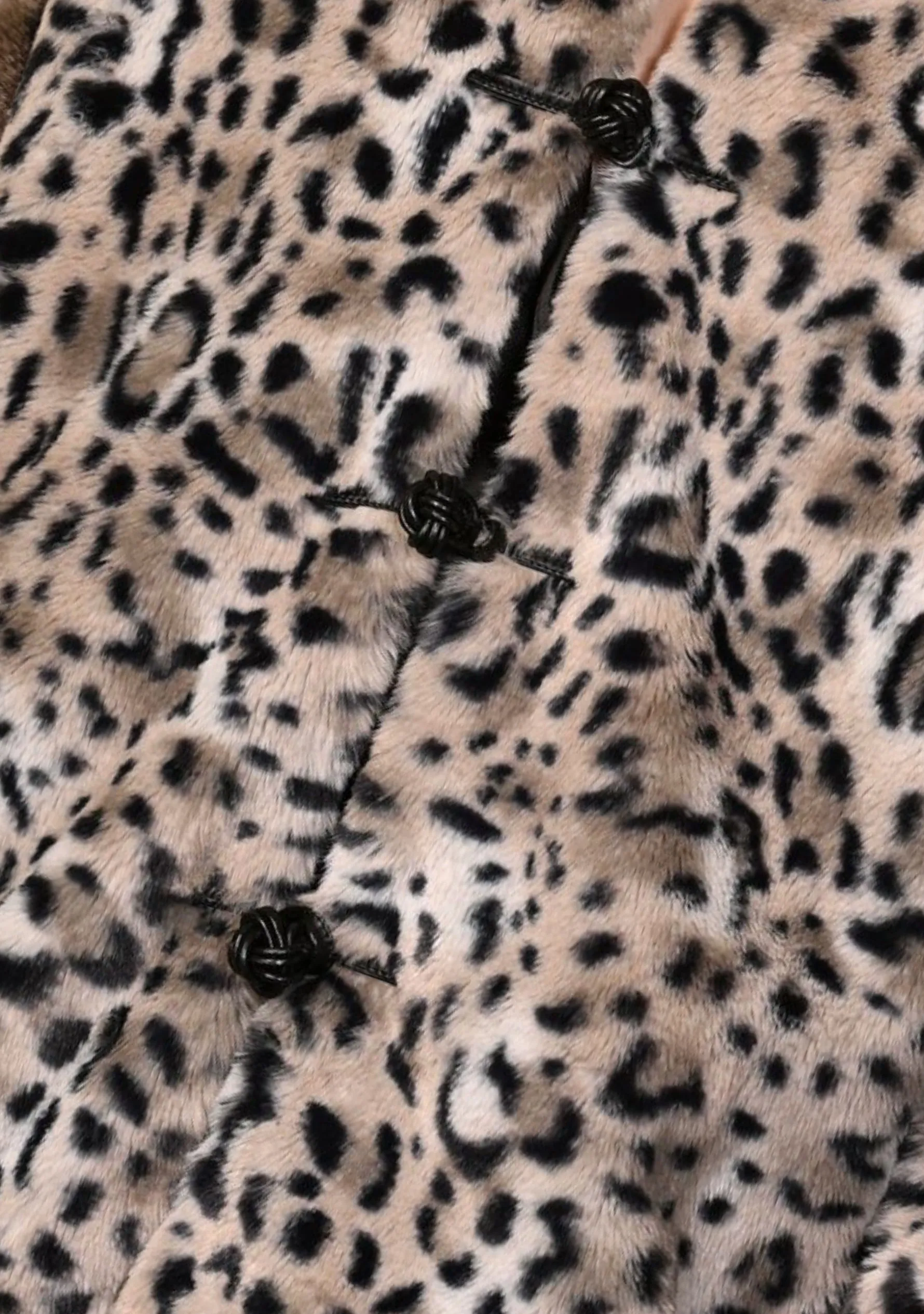 White Leopard Faux Fur Button Down Chinese Collar Jacket with Black Faux Leather Trims