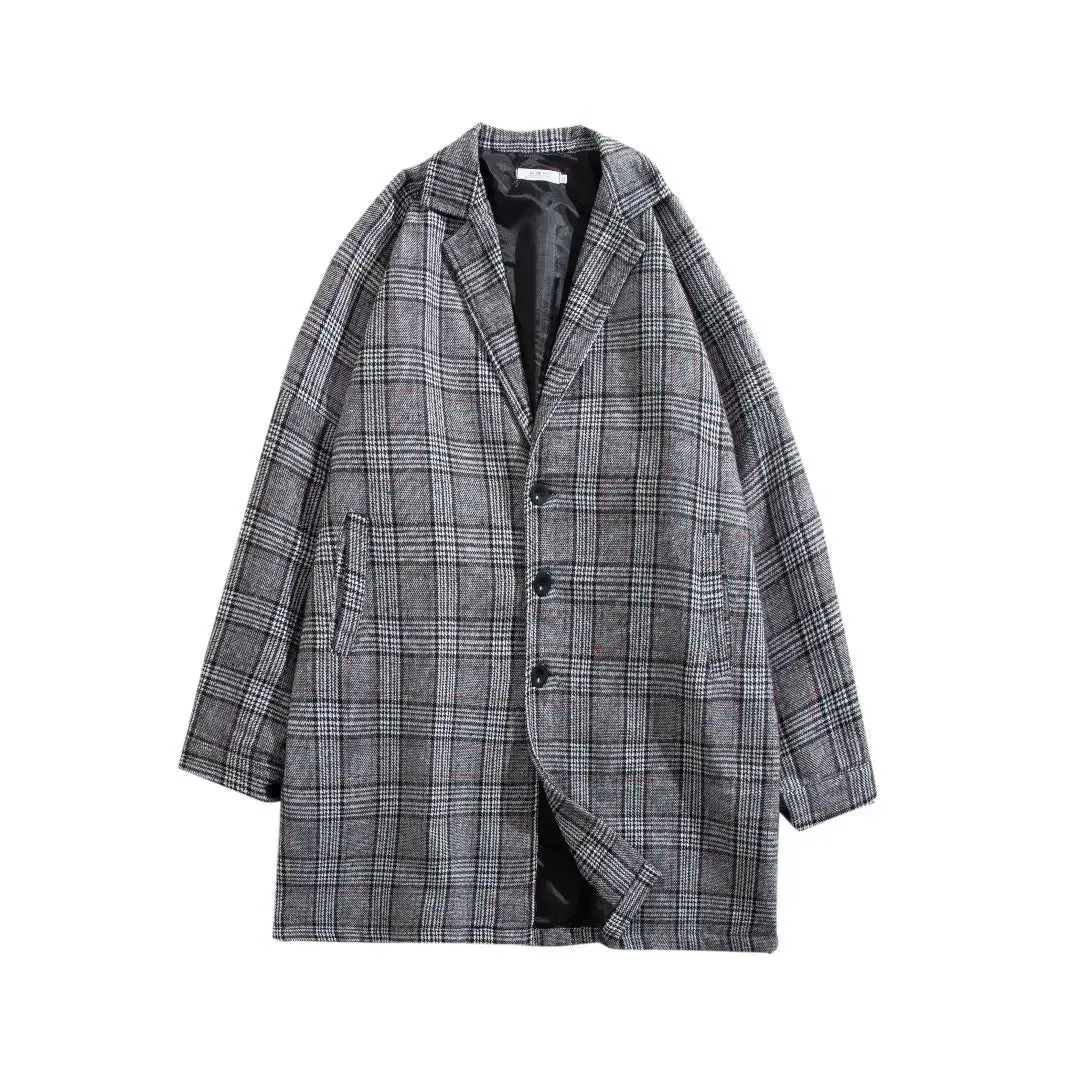 WIAOFELLAS  -  Men's Coat Korean Long Plaid Woolen Overcoat Fashion Casual Single-breasted Long Jackets luxury Winter Clothes for Men