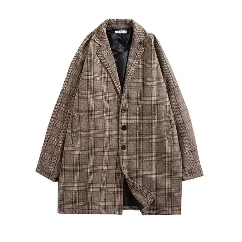 WIAOFELLAS  -  Men's Coat Korean Long Plaid Woolen Overcoat Fashion Casual Single-breasted Long Jackets luxury Winter Clothes for Men