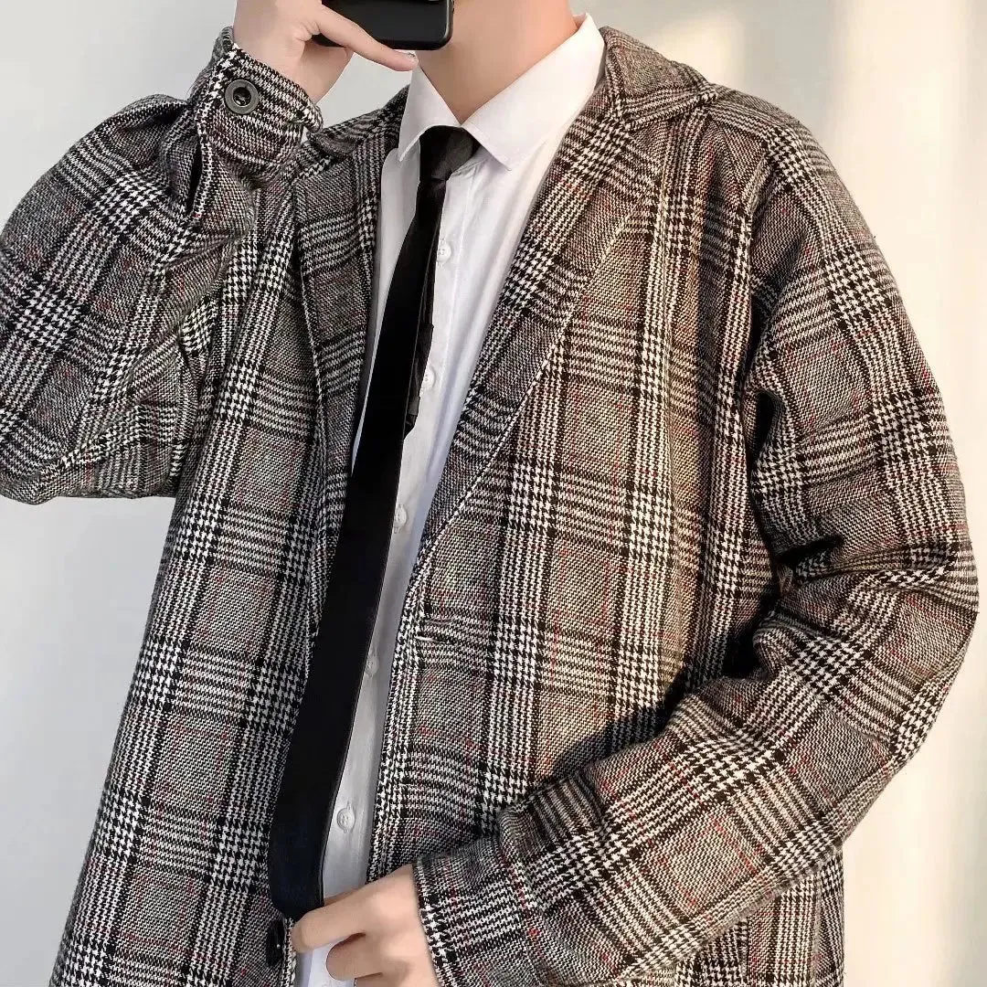 WIAOFELLAS  -  Men's Coat Korean Long Plaid Woolen Overcoat Fashion Casual Single-breasted Long Jackets luxury Winter Clothes for Men