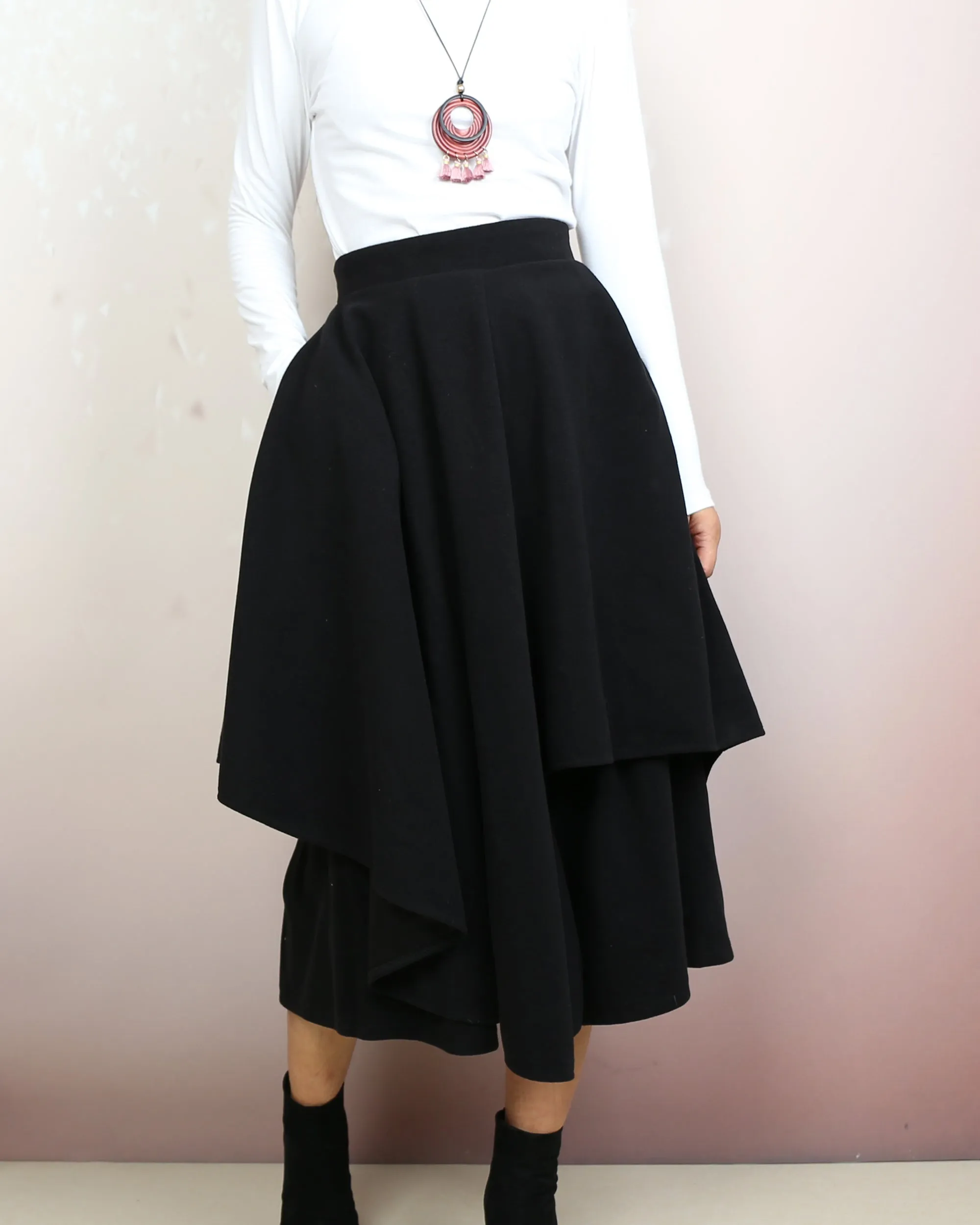 Wide leg pants, Wool skirt pants, Cropped pants, Asymmetrical skirt pants, winter pants, custom made, black pants (K2135)