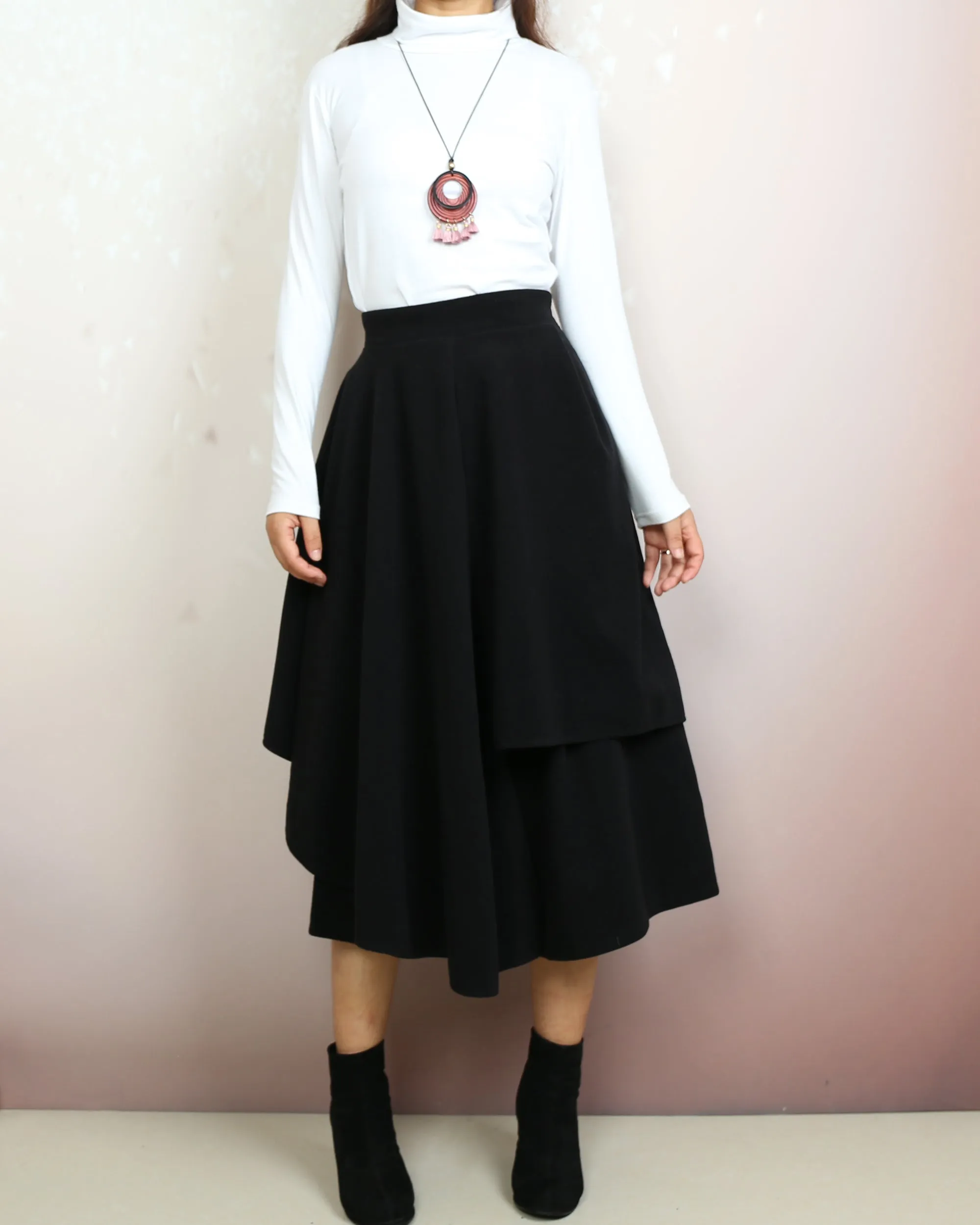 Wide leg pants, Wool skirt pants, Cropped pants, Asymmetrical skirt pants, winter pants, custom made, black pants (K2135)